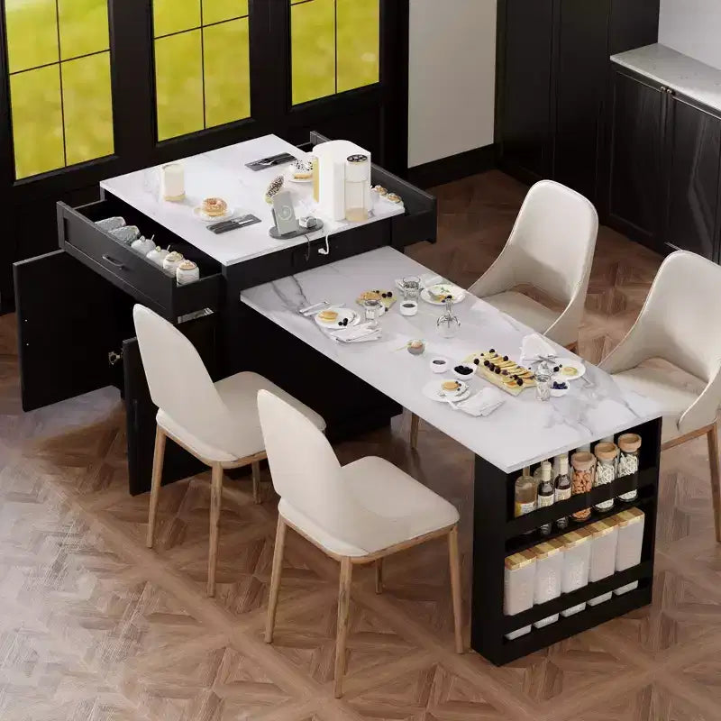 82.7in Kitchen Island with Extendable Dining Table for 4-6 Person, Faux Mable Table with Double-sized Storage, Power Outlet & 2 Drawers