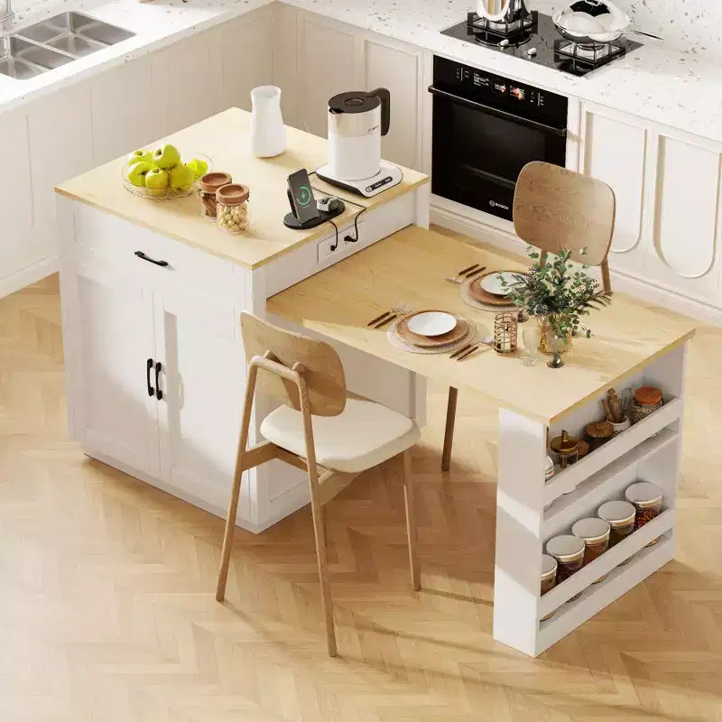 Isola da Cucina con Tavolo da Pranzo Allungabile per 2-6, Piano Effetto Marmo, Contenitore e Presa di Corrente Integrata