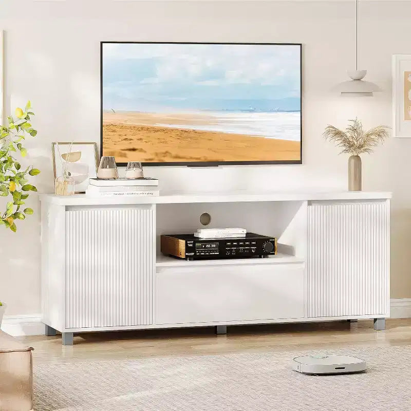 TV Stand with Storage, Fluted Entertainment Center for 60/65/70 inch TV, Modern Media TV Console Cabinet with Drawer for Living Room, Bedroom, White