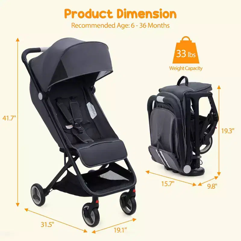 Passeggino Triplo Pieghevole Compatto con Capottina — Leggero e Portatile