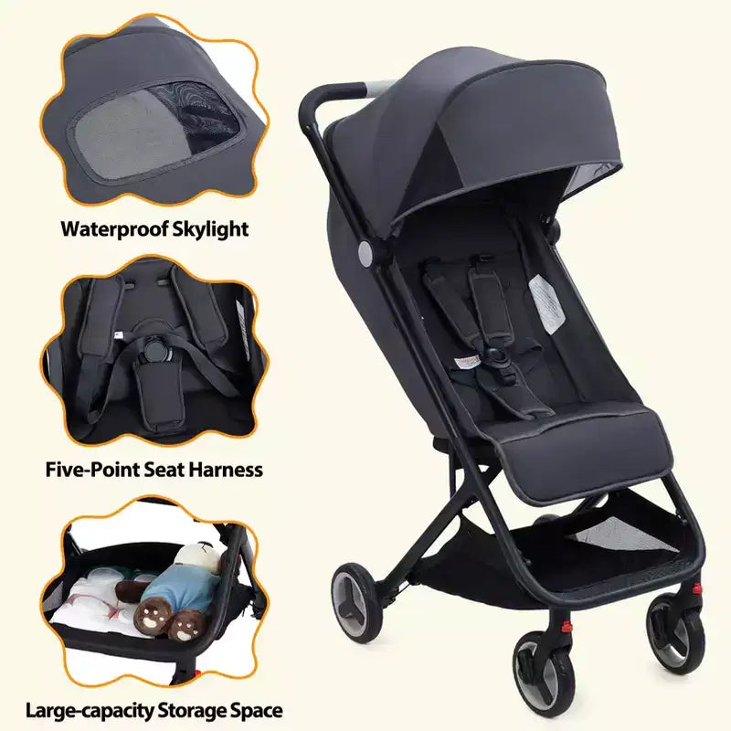 Passeggino Triplo Pieghevole Compatto con Capottina — Leggero e Portatile