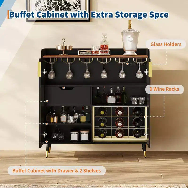 Mobile Bar Industriale per Vino con Portabicchieri e Contenitore