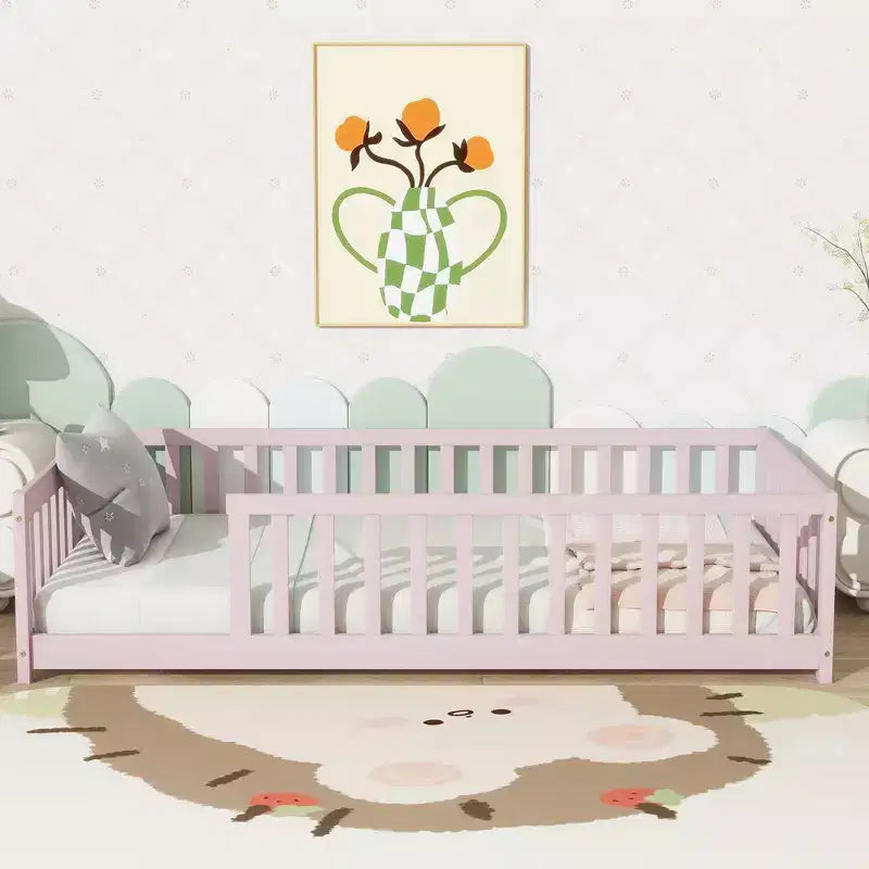 Letto a pavimento Montessori per bambini, con sponde di sicurezza, Letto a piattaforma per bambini con spondine, Struttura in legno massello, per neonati e bambini