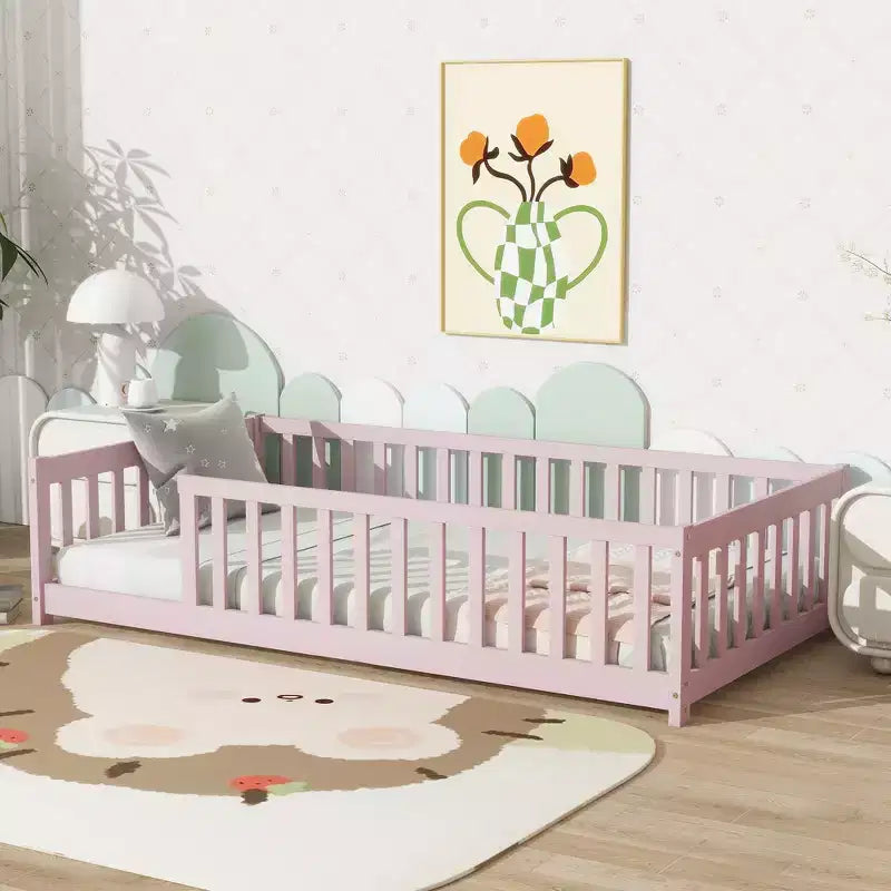 Letto a pavimento Montessori per bambini, con sponde di sicurezza, Letto a piattaforma per bambini con spondine, Struttura in legno massello, per neonati e bambini
