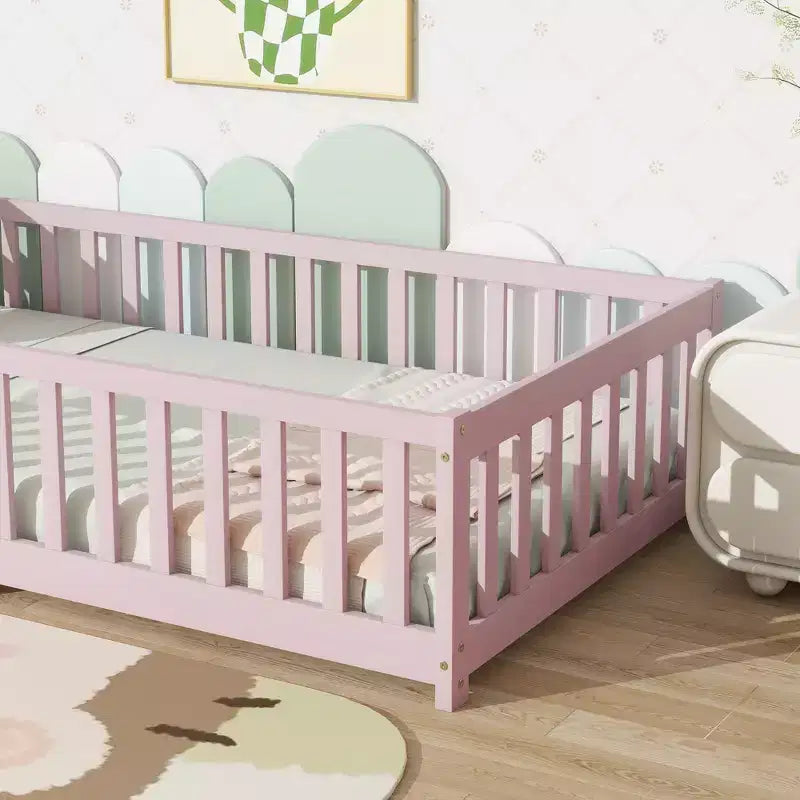 Letto a pavimento Montessori per bambini, con sponde di sicurezza, Letto a piattaforma per bambini con spondine, Struttura in legno massello, per neonati e bambini