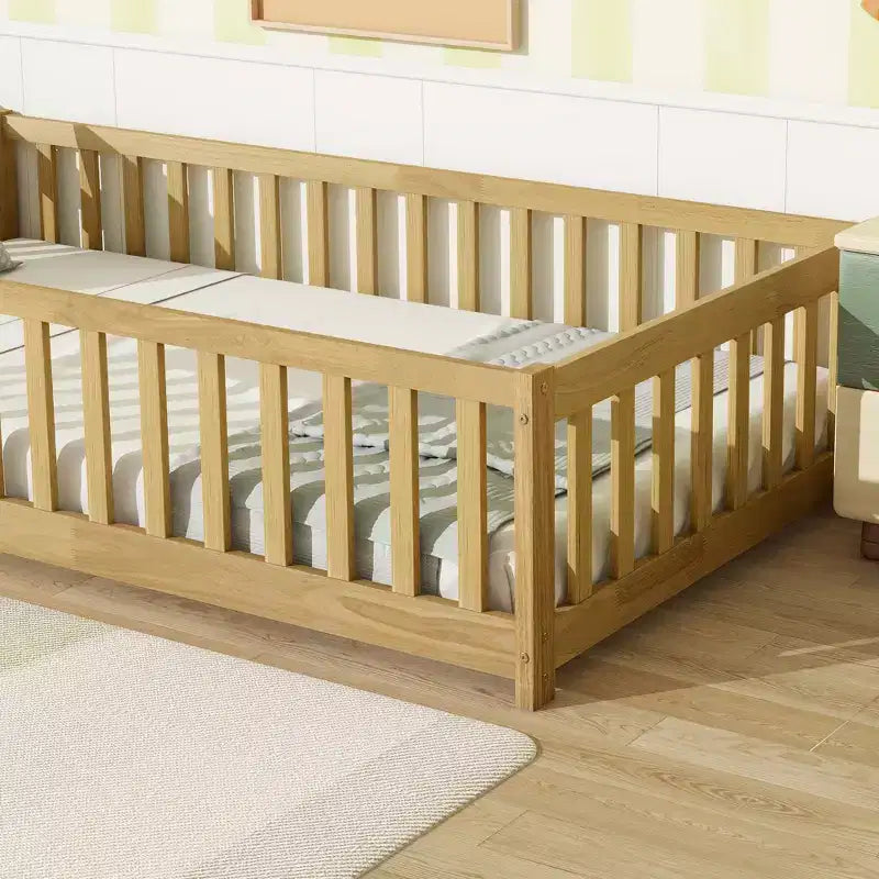 Letto a pavimento Montessori per bambini, con sponde di sicurezza, Letto a piattaforma per bambini con spondine, Struttura in legno massello, per neonati e bambini