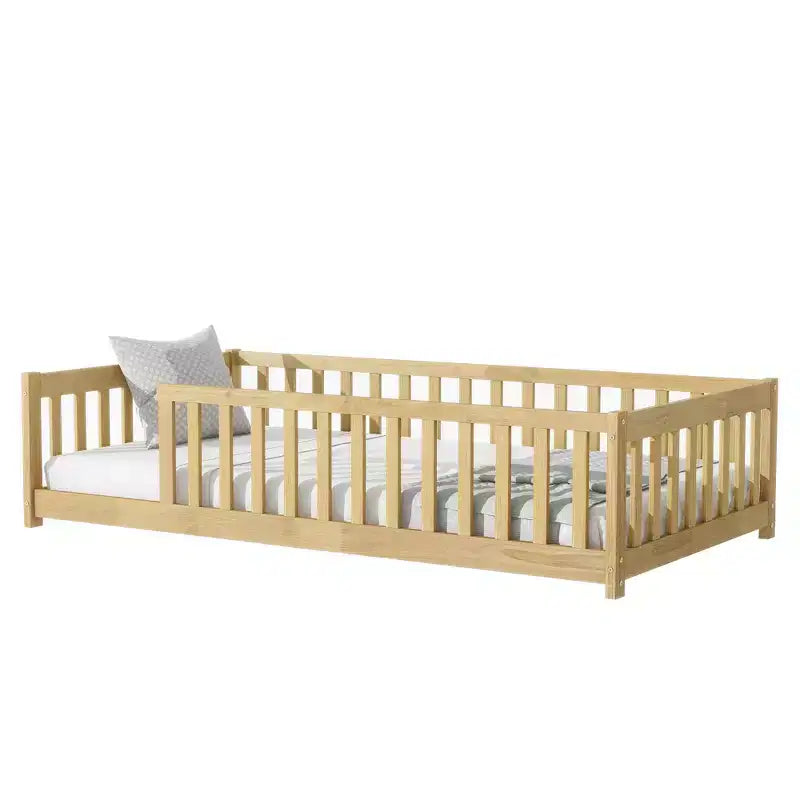 Letto a pavimento Montessori per bambini, con sponde di sicurezza, Letto a piattaforma per bambini con spondine, Struttura in legno massello, per neonati e bambini