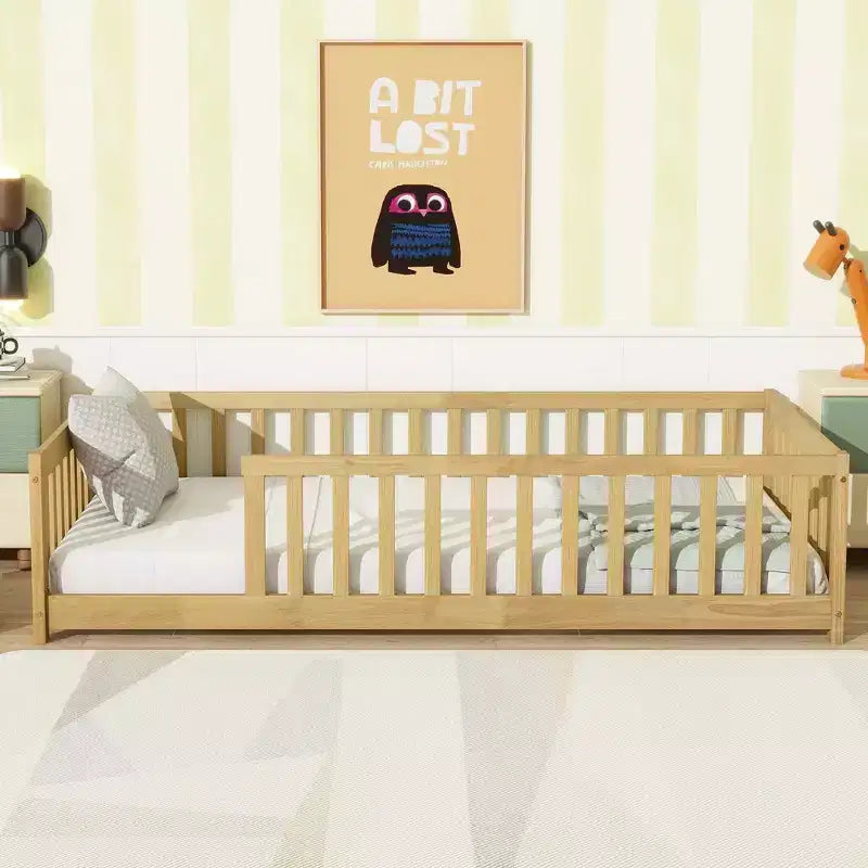 Bellemave Twin Size Montessori Floor Bed with Safety Fence, Kids Platform Bed with Guardrails, Solid Wood Frame, for Toddlers & Kids Bedroom