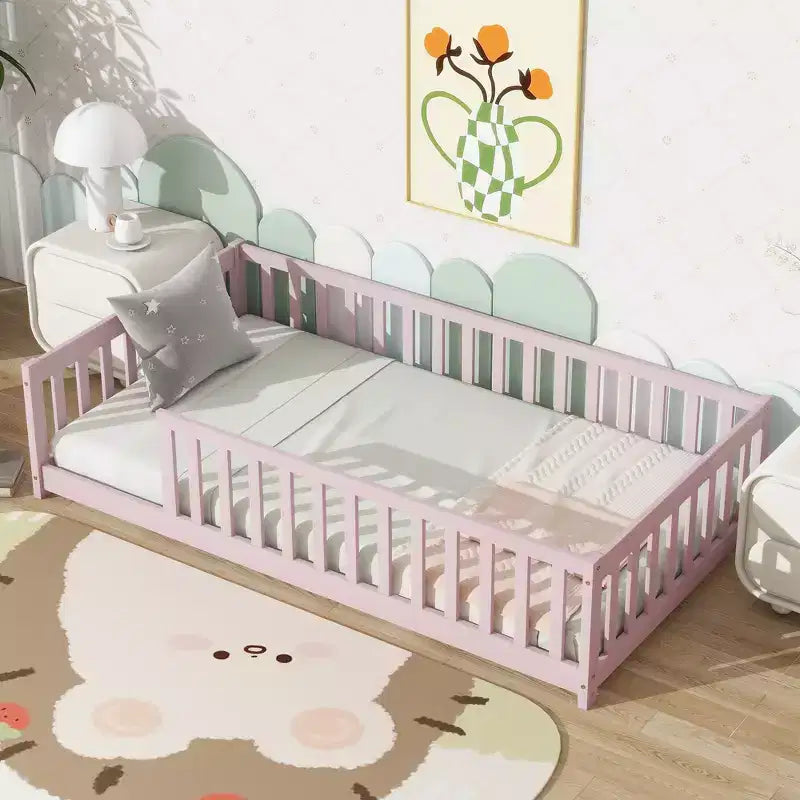 Letto a pavimento Montessori per bambini, con sponde di sicurezza, Letto a piattaforma per bambini con spondine, Struttura in legno massello, per neonati e bambini