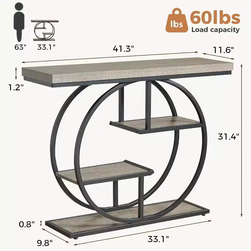 Consolle industriale a 4 ripiani da 105 cm con base circolare e mensole portaoggetti