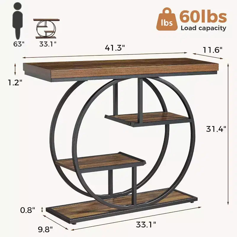 Consolle industriale a 4 ripiani da 105 cm con base circolare e mensole portaoggetti