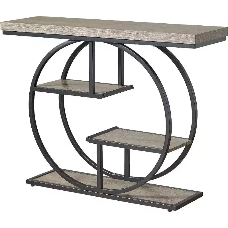 Consolle industriale a 4 ripiani da 105 cm con base circolare e mensole portaoggetti
