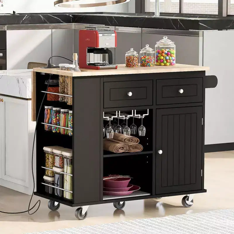 TUYOHW 39.8Inch Rolling Kitchen Island with Drop Leaf,Power Outlet and Open Storage,Kitchen Cart with 2 Drawers and 1 Door Cabinet