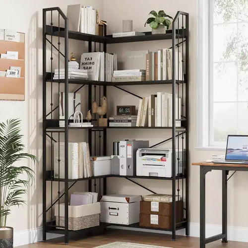 72-Inch L-Shaped Corner Bookcase, 5-Tier Tall Shelf with Beaded Design, Large Display Storage for Living Room or Bedroom, Black Finish