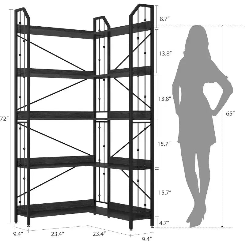 Libreria angolare industriale a 5 ripiani, scaffale espositivo a forma di L alto 72 pollici