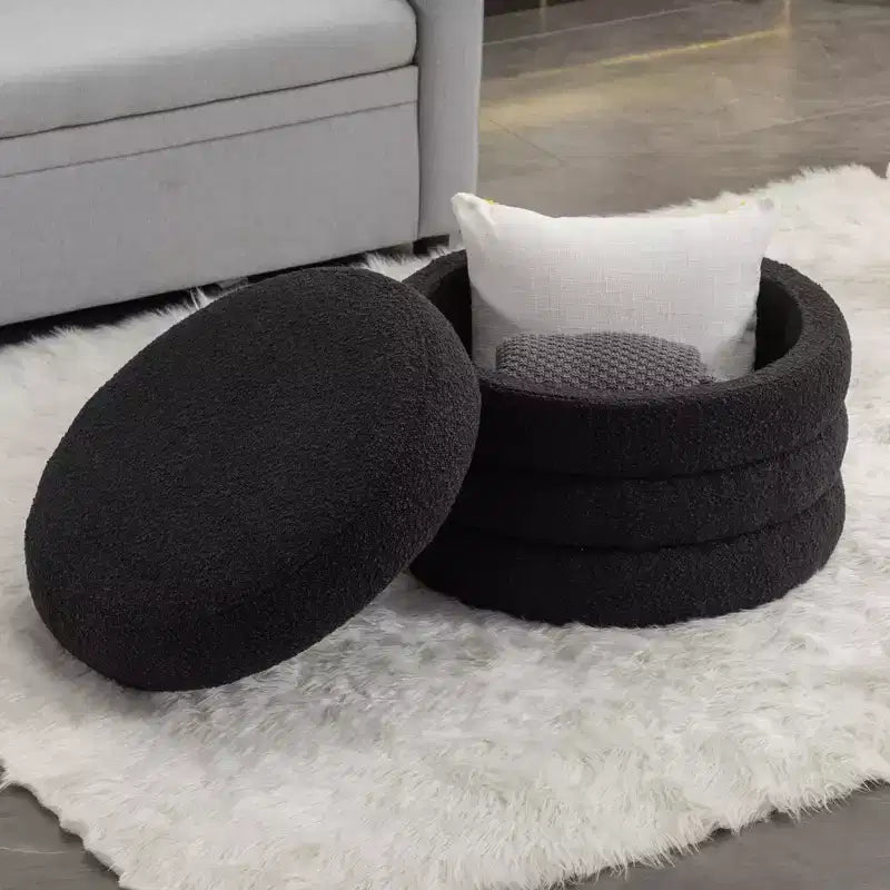 Pouf contenitore rotondo in velluto con coperchio reversibile
