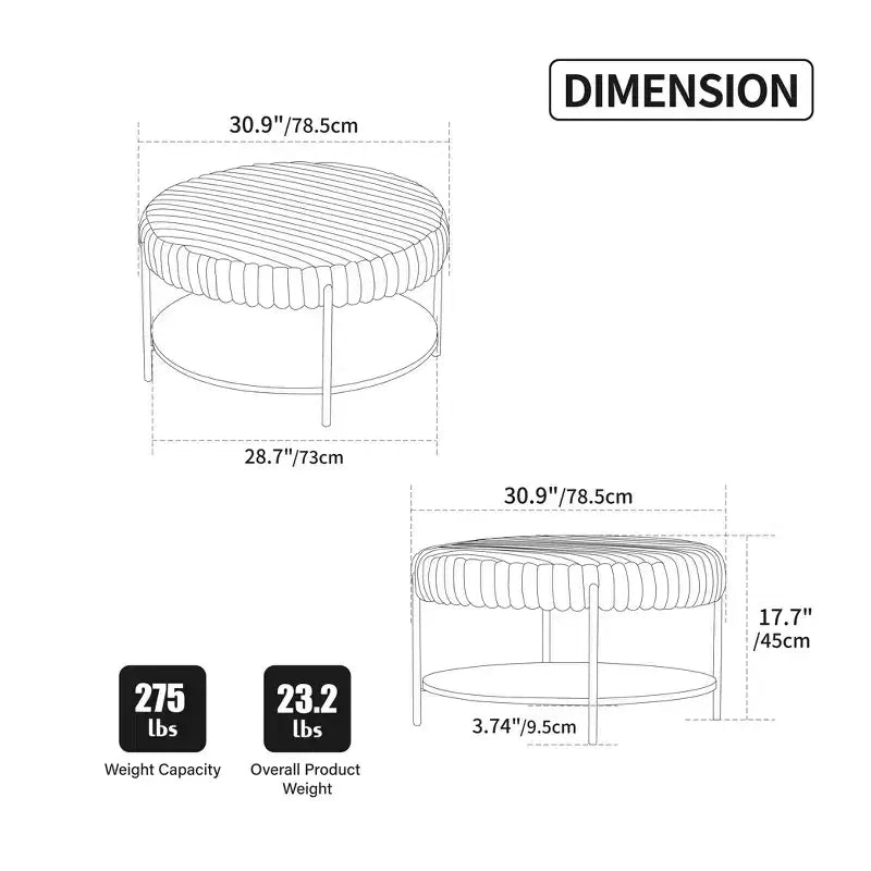 Tavolino rotondo con pouf a 2 ripiani, piano in pelliccia sintetica e ripiano portaoggetti – 78,5 cm