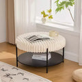 Tavolino rotondo con pouf a 2 ripiani, piano in pelliccia sintetica e ripiano portaoggetti – 78,5 cm