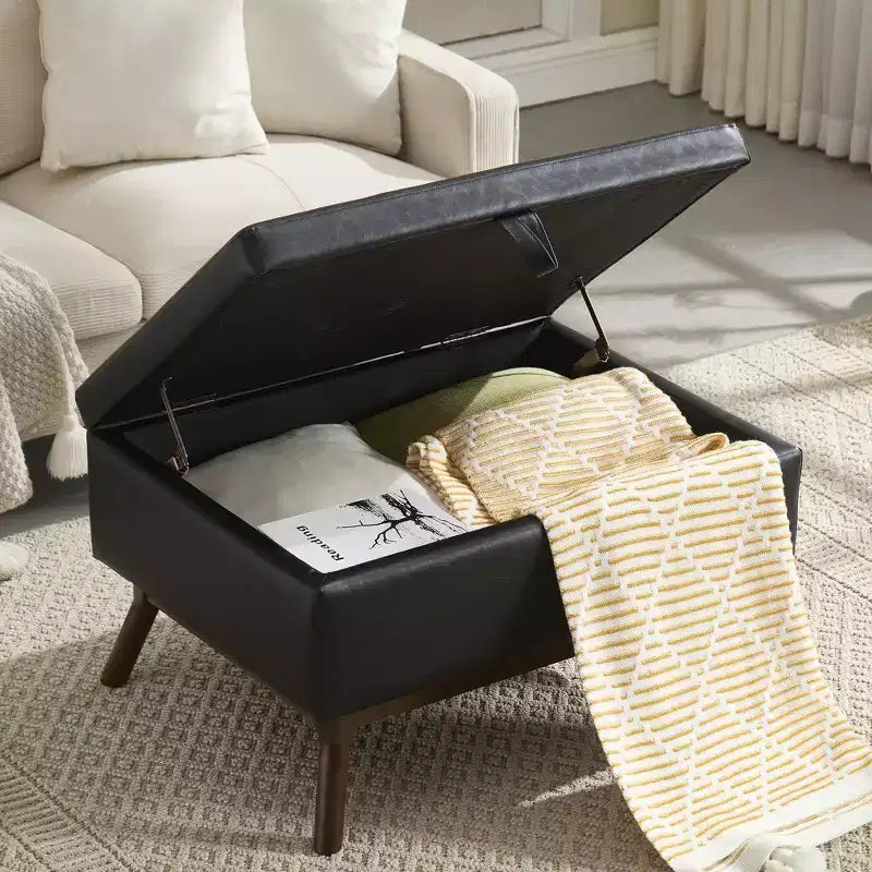 Pouf contenitore con struttura in legno stile Mid-Century