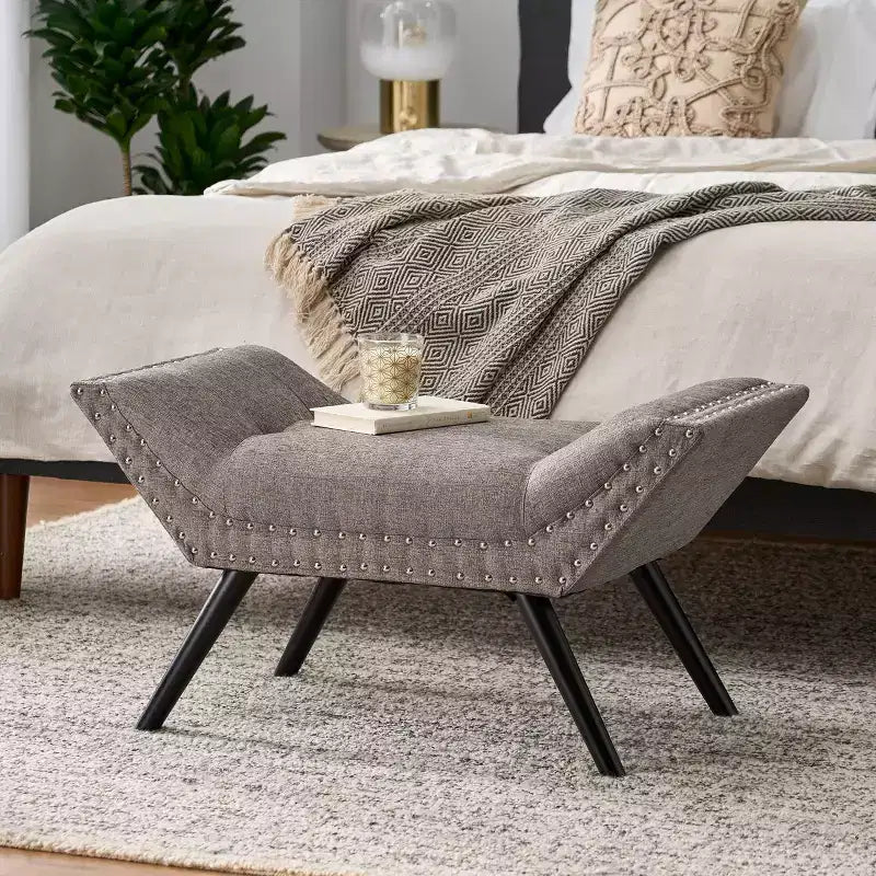TUYOHW 35.5 Vintage Ottoman Bench Button-Tufted Design,Accent End of Bed Ottoman for Bedroom & Living Room,Birchwood Legs & Nailhead Trim,Gray