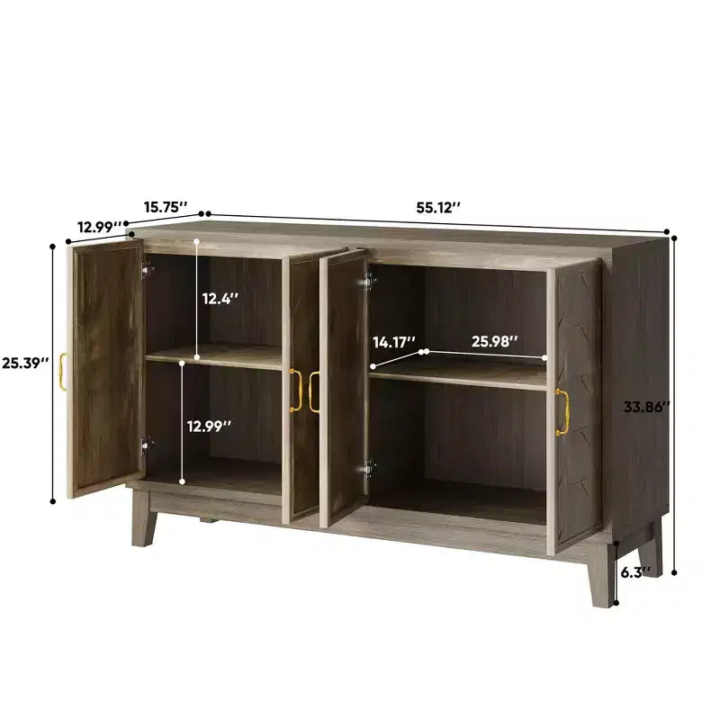 Credenza buffet a 4 ante con pannelli in legno massello e ripiani regolabili