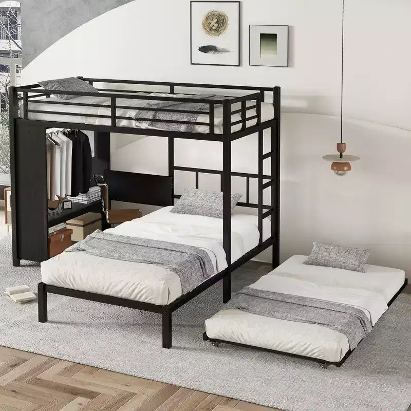 Bellemave Bunk Bed with Trundle and Built-in Wardrobe,Metal Bunk Bed Frame with Foldable Desk and Ladder, Noise-reduced design,Black