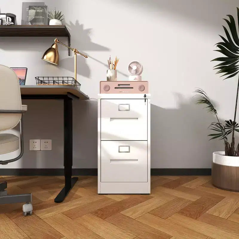Cassettiera verticale stretta a 2 cassetti – Acciaio bianco, con serratura