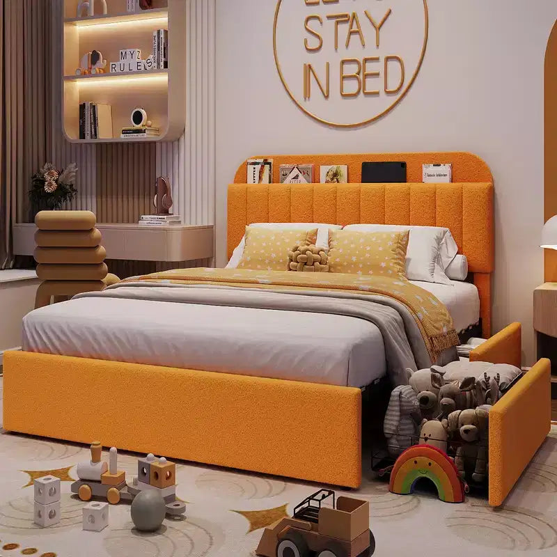 Letto Imbottito con Contenitore, Testiera e Cassetti