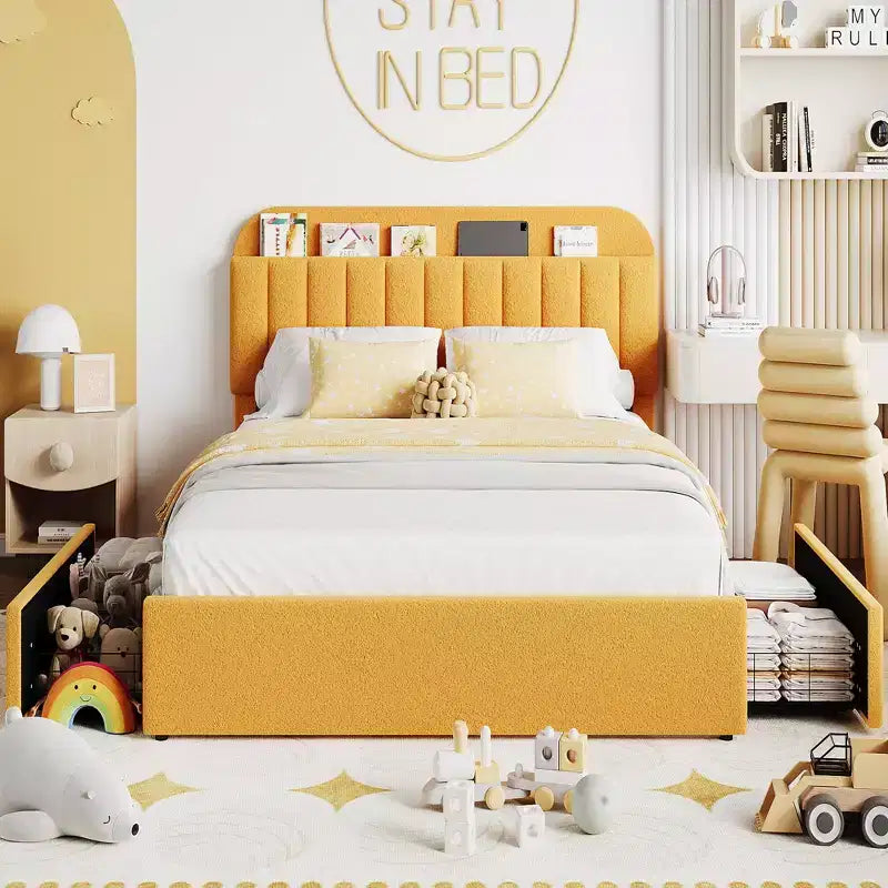 Letto Imbottito con Contenitore, Testiera e Cassetti