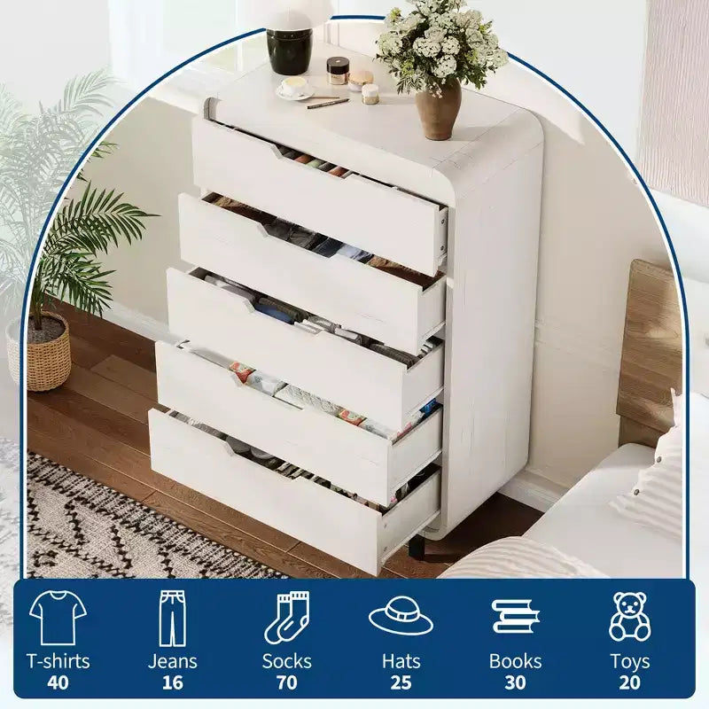 Cassettiera alta in legno a 5 cassetti con ampio spazio di archiviazione per camera da letto