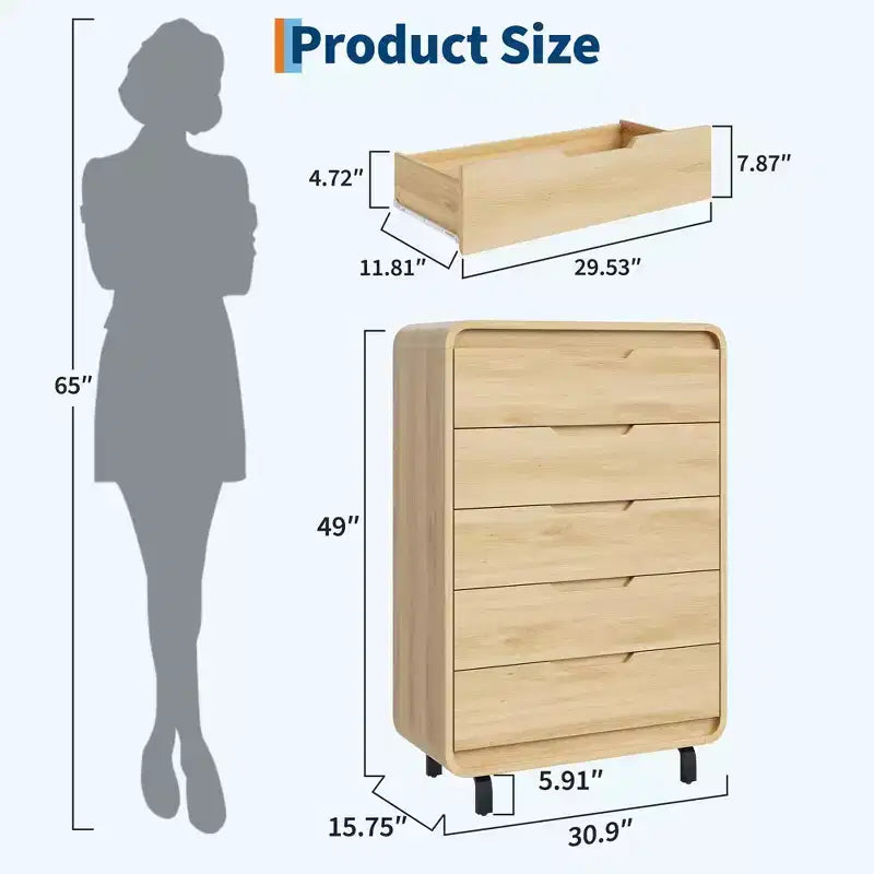 Cassettiera alta in legno a 5 cassetti con ampio spazio di archiviazione per camera da letto