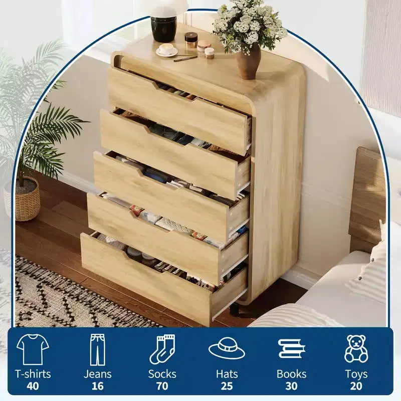 Cassettiera alta in legno a 5 cassetti con ampio spazio di archiviazione per camera da letto