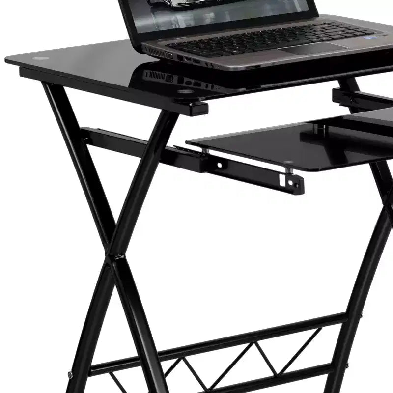 Scrivania per computer in vetro temperato nero con vassoio estraibile per tastiera