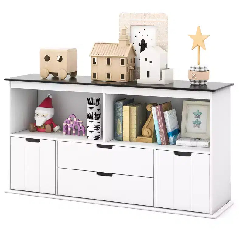 Costway Kids Toy Storage Organizer Wooden Bookshelf TV Stand with Drawers Blackboard Top