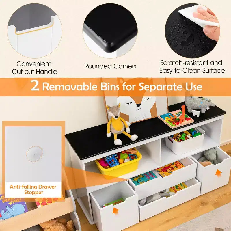 Organizzatore portagiochi per bambini con lavagna superiore e cassetti