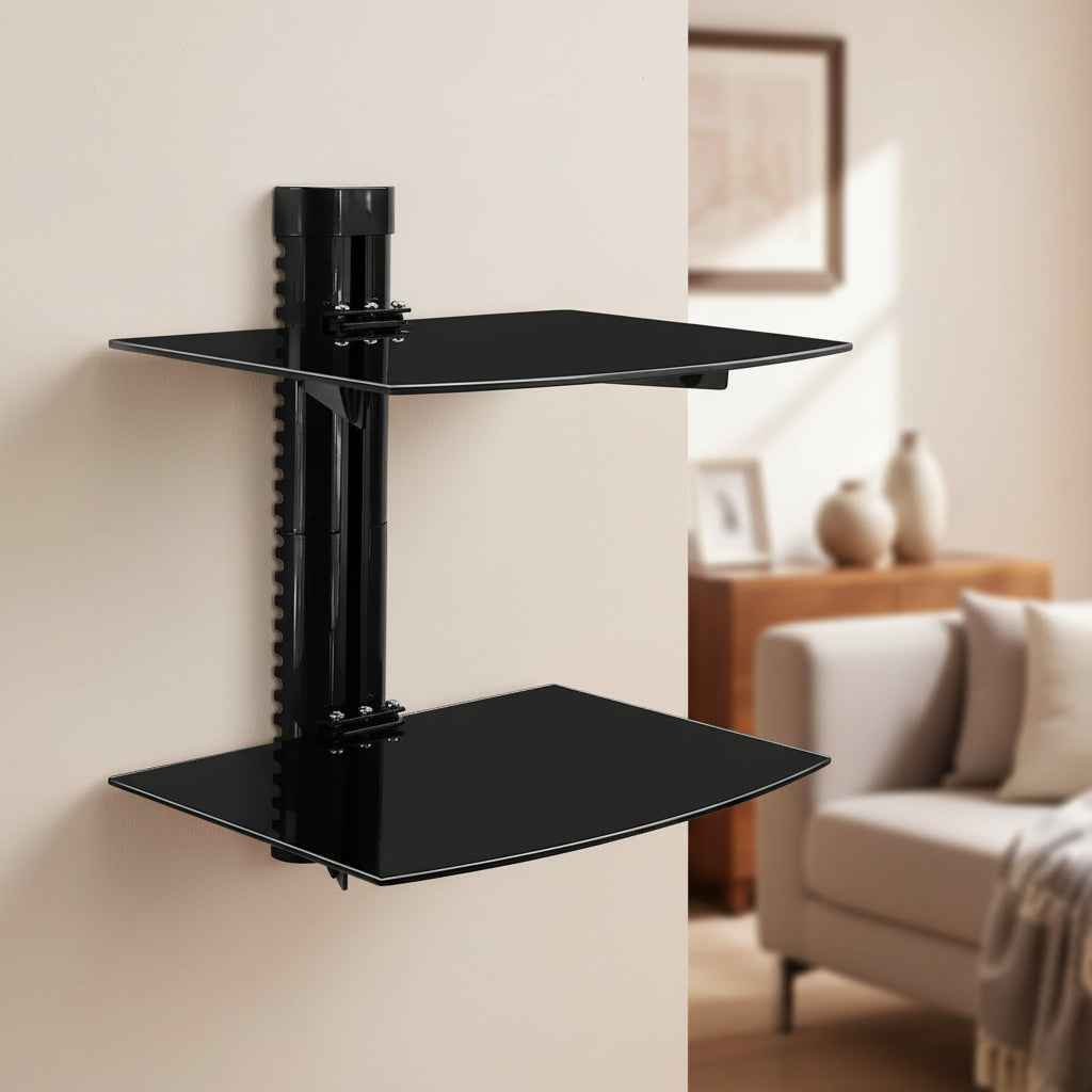 Mount-It! Floating Wall Mounted Shelf Bracket Stand for AV Receiver, Component, Cable Box, PlayStation5, Projector | 2 Black Tinted Tempered Glasses